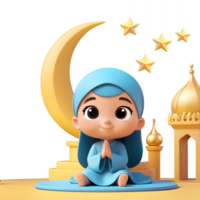 ai generado 3d representación dibujos animados pequeño chico con dorado creciente Luna y colgando estrellas png