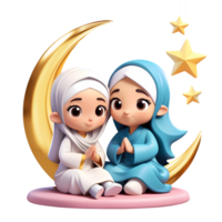 AI generated 3d rendering cartoon girls with golden crescent moon and hanging stars png