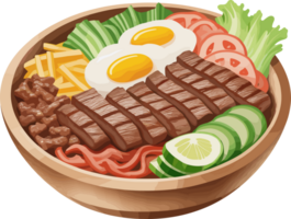 AI generated Delicious noodles with meat, eggs, and vegetables, healthy food recipe illustration, design for Asian dish, fusion food, cooking and kitchen, healthy menu, nutrient, calories, watercolor png