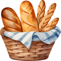 AI generated Watercolor delicious fresh bread in woven basket cartoon, isolated illustration png, graphic design element for picnic food, bakery, breakfast essentials, recipe, bread clipart, logo png