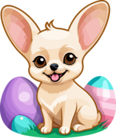 AI generated Happy easter cute chihuahua puppy sitting with easter eggs isolated on transparent background png, design element for puppy, small dog breed, pet clipart, nursery decor, baby, sticker png