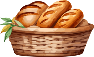 ai generato acquerello delizioso fresco pane nel di vimini cestino cartone animato, isolato illustrazione png, grafico design elemento per picnic cibo, forno, prima colazione essenziali, ricetta, pane clipart, logo png