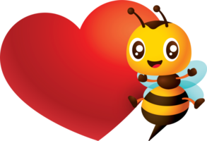 Cartoon cute honey bee with big love heart empty signboard character illustration png