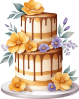 AI generated Layer caramello cake decorated by flowers clipart isolated on transparent background png, tasty design elements for dessert, cafe, food, bakery decoration, luscious cake, special occasion png