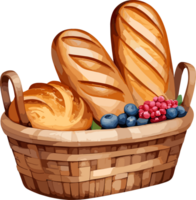 ai gegenereerd waterverf heerlijk vers brood en bessen in geweven mand tekenfilm, geïsoleerd illustratie, grafisch ontwerp element, picknick voedsel, bakkerij, ontbijt benodigdheden, recept, brood clip art, logo png