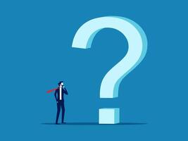 Questions and solutions. Businessman thinking of answer with big question mark vector