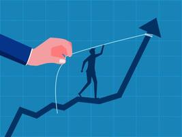 Growth planning. Businessman standing in helping hand pulling increasing graph vector