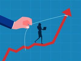 Wealth management. Businesswoman in helping hand pulling increasing graph vector