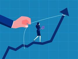 Support helps increase profits. Businesswoman standing in helping hand pulling increasing graph vector