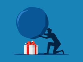 Discover the prize. businessman turns over a stone and finds a gift box vector