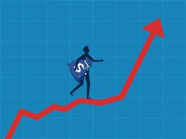 Strategy to create profit. Businessman holding a bag of money walking on a growing graph vector