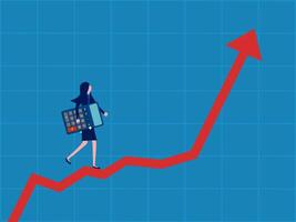 Strategy for making profits. Businesswoman holding a calculator walks up on a growing graph vector