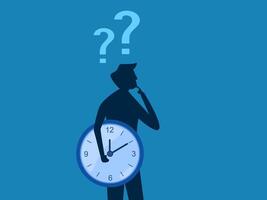 Think and reflect on the time. Businessman holding time thinking about clock vector