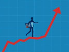 Financial plan. Businessman holding a calculator walks up on a growing graph vector