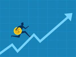 Plan to invest. Businessman holding a coin running up on a growing graph vector