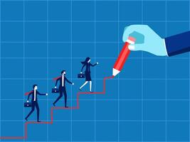 Business development concepts. Businessman climbing stairs on human hand drawing vector