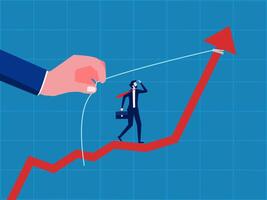 Support or help increase income. Businessman standing in helping hand pulling increasing graph vector