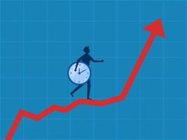 Long term investment strategy. Businessman holds a clock ticking on a growing graph vector