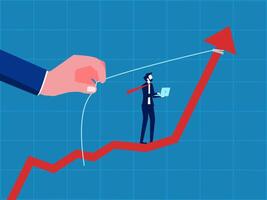 Drive sales to increase profits. Businessman standing in helping hand pulling increasing graph vector