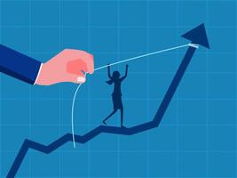 Drive sales to increase profits. Businesswoman standing in helping hand pulling increasing graph vector