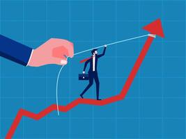 Drive sales to increase profits. Businessman standing in helping hand pulling increasing graph vector