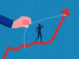 Support helps increase profits. Businessman standing in helping hand pulling increasing graph vector