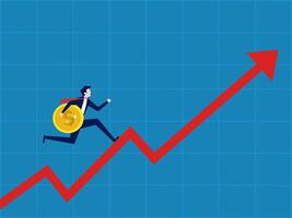 Investment strategy to make money. Businessman holding a coin running up on a growing graph vector