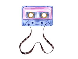 Retro audio Cassettes with tape. Nostalgia. Brown bright magnetic tape. Vintage multicolored compact Cassette. Musical device. Music, sound, playlist, audio equipment. Watercolor illustration. png