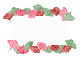 Fashionable design card. Leaf imprints in pink, green, red colors. Horizontal frame with multi-colored leaves and space for text. Ginkgo, palm, dry abstract leaves. Watercolor illustration png