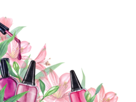 Nail polish bottle among tropical flowers. Horizontal frame with copy space. Composition in pink, red colors for beauty, manicure. Watercolor illustration. png