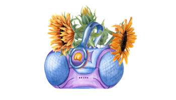 Sunflowers, headphones, tape recorder. Flowers with audio accessories. Boombox player, earphones. Earpiece for listening to music. Music sound audio. Watercolor illustration. png