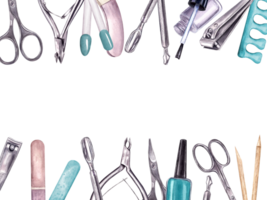 Manicure tools, color palette. Horizontal frame with copy space for text. Cosmetic instruments for manicure and pedicure procedure. Set in turquoise colors. Watercolor illustration. png