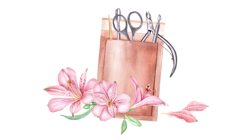 Manicure tools in paper heat drybag. Nail scissors, stick, trimmer, cuticle pusher. Sterilization of nail instruments. Tropical pink flowers, alstroemeria. Watercolor illustration. png