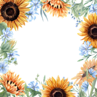 Graphic frame with sunflowers, abstract meadow plants. Blue, orange yellow flowers. Floral summer composition with copy space for text. Watercolor illustration png