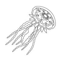 Jellyfish line art vector illustration. Black and white outline Jellyfish Coloring page for kids and adults. Page for relaxation and meditation. Vector illustration