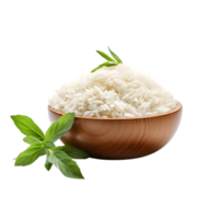 AI generated Rice in wooden bowl with mint leaves isolated on PNG background.