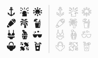 verano icono conjunto en llenar y contorno estilo vector