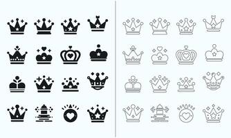un colección de corona íconos representando reyes y reinas, disponible en ambos sólido y resumido estilos vector