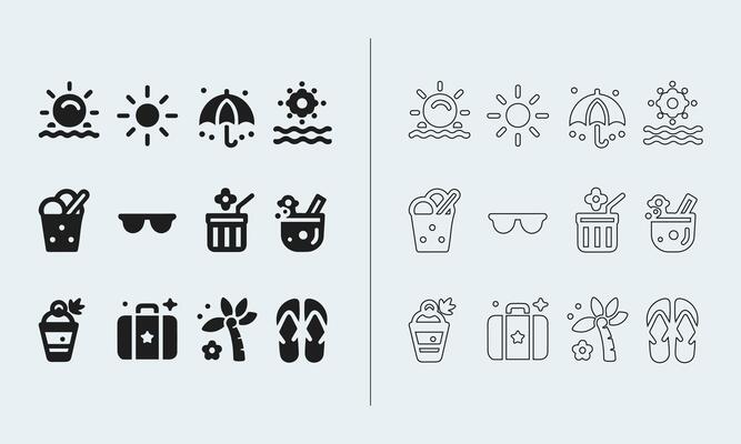 Summer icon set in fill and outline style