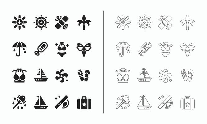 Summer icon set in fill and outline style