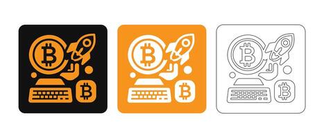 A black and white picture of a rocket and a gold rocket beside a bitcoin and a computer keyboard at the bottom vector