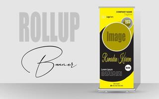 Roll up banner with a happy Ramadan design. unique meal banner for Ramadan. Rollup template for food menus. vector