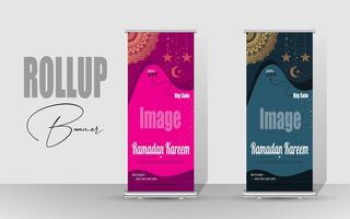 Roll up banner with a happy Ramadan design. unique meal banner for Ramadan. Rollup template for food menus. vector