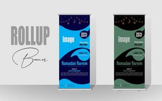 Roll up banner with a happy Ramadan design. unique meal banner for Ramadan. Rollup template for food menus. vector