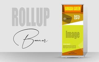 Roll up banner with a happy Ramadan design. unique meal banner for Ramadan. Rollup template for food menus. vector