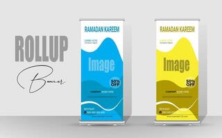 Roll up banner with a happy Ramadan design. unique meal banner for Ramadan. Rollup template for food menus. vector