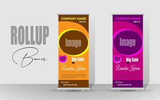 Roll up banner with a happy Ramadan design. unique meal banner for Ramadan. Rollup template for food menus. vector