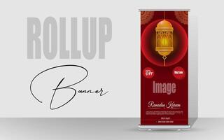 Roll up banner with a happy Ramadan design. unique meal banner for Ramadan. Rollup template for food menus. vector