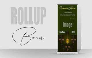 Roll up banner with a happy Ramadan design. unique meal banner for Ramadan. Rollup template for food menus. vector