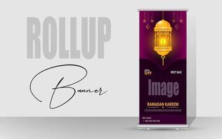 Roll up banner with a happy Ramadan design. unique meal banner for Ramadan. Rollup template for food menus. vector